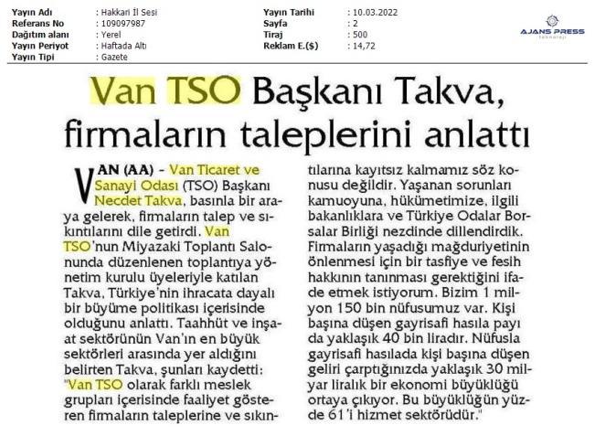 VAN TSO BAŞKANI TAKVA, FİRMALARIN TALEPLERİNİ ANLATTI