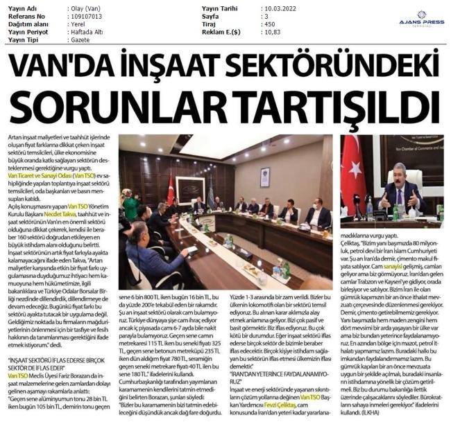 VAN' DA İNŞAAT SEKTÖRÜNDEKİ SORUNLAR TARTIŞILDI