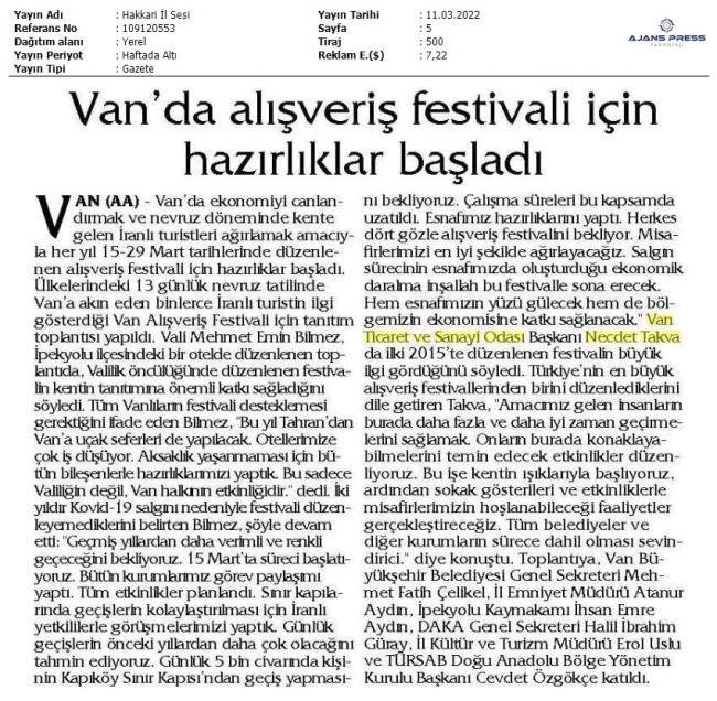 VAN'DA ALIŞVERİŞ FESTİVALİ İÇİN HAZIRLIKLAR BAŞLADI