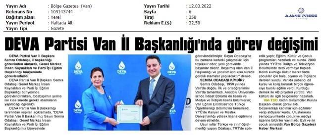 DEVA PARTİSİ VAN İL BAŞKANLIĞI'NDA GÖREV DEĞİŞİMİ