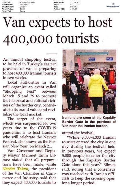 VAN EXPECTS TO HOST 400, 000 TOURİSTS