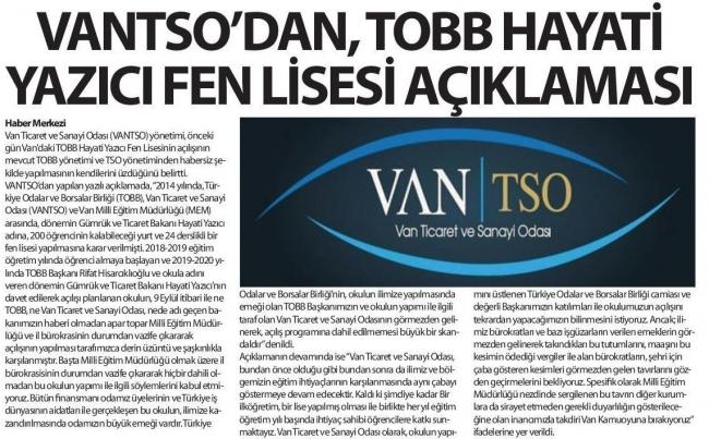 VAN TSO'DAN TOBB HAYATİ YAZICI FEN LİSESİ AÇIKLAMASI