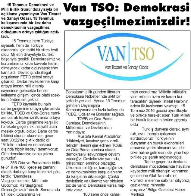 VAN TSO:DEMOKRASİ VAZGEÇİLMEZİMİZDİR