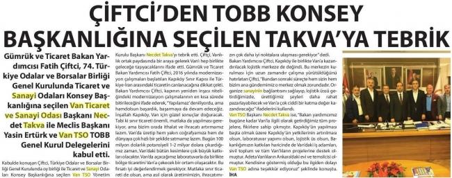 ÇİFTCİ ' DEN TOBB KONSEY BAŞKANLIĞINA SEÇİLEN TAKVA ' YA TEBRİK