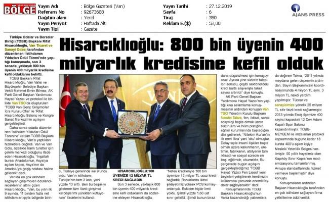 HİSARCIKLIOĞLU: 800 BİN ÜYENİN 400 MİLYARLIK KREDİSİNE KEFİL OLDUK