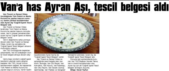 VAN'A HAS AYRAN AŞI,TESCİL BELGESİ ALDI