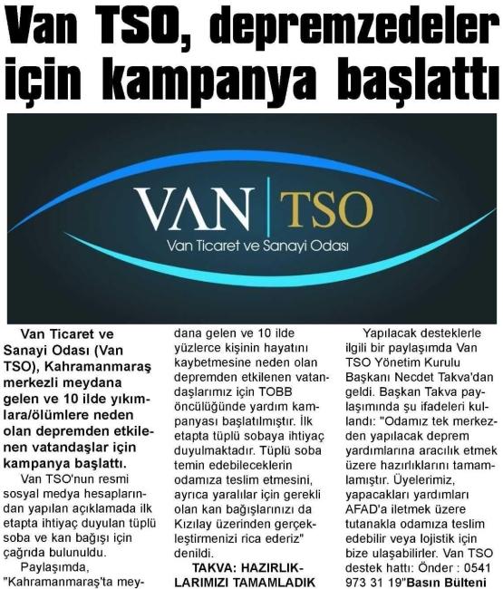 VAN TSO DEPREMZEDELER İÇİN KAMPANYA BAŞLATTI