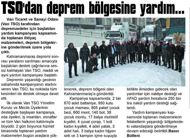 VAN TSO'DAN DEPREM BÖLGESİNE YARDIM