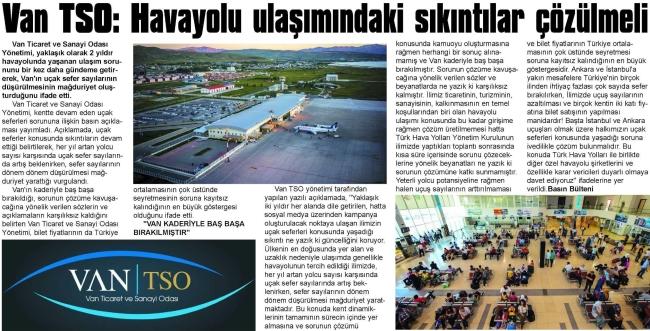 VAN TSO:HAVAYOLU ULAŞIMDAKİ SIKINTILAR ÇÖZÜLMELİ