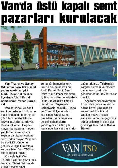 VAN DA ÜSTÜ KAPALI SEMT PAZARLARI KURULACAK