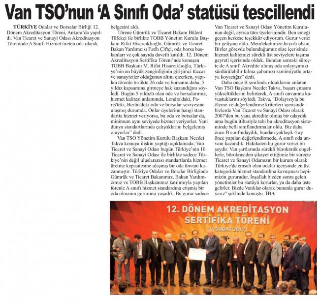 VAN TSO 'NUN A SINIFI ODA' STATÜSÜ TESCİLLENDİ