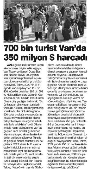 700 BİN TURİST VAN DA 350 MİLYON HARCADI
