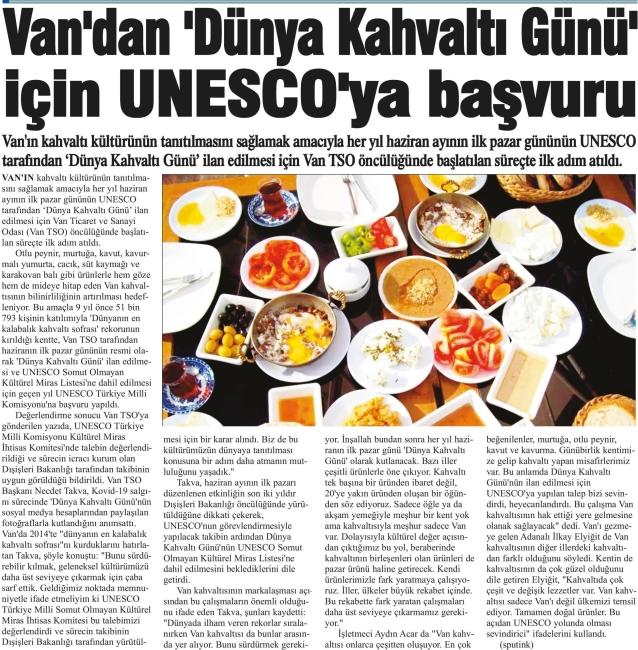 VAN' DAN DÜNYA KAHVALTI GÜNÜ' İÇİN UNESCO'YA BAŞVURU