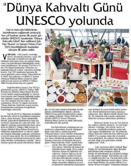 UNESCO YOLUNDA VAN'IN KAHVALTI KÜLTÜRÜNÜN TANITILMASINI SAĞLAMAK