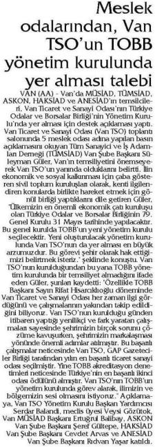 MESLEK ODALARINDAN, VAN TSO UN TOBB YÖNETİM KURULUNDA YER ALMASI TALEBİ