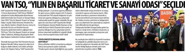 VAN TSO,'YILIN EN BAŞARILI TİCARET VE SANAYİ ODASI'SEÇILDI