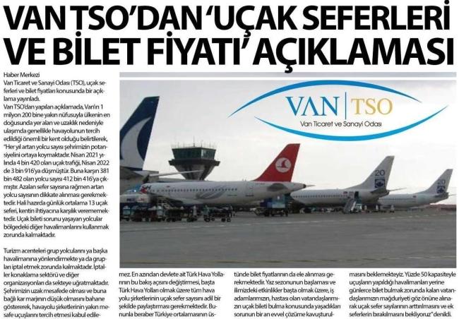 VAN TİCARET VE SANAYİ ODASI İHTİYACINA KARŞILIK VEREMEMEKTEDİR VAN DAKİ UÇAK SEFERLERİKENTİN