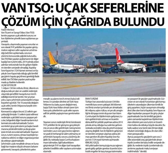 VAN TSO UÇAK SEFERLERİNE ÇÖZÜM İÇİN ÇAĞRIDA BULUNDU