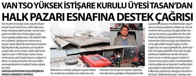 VAN TSO YÜKSEK İSTİŞARE KURULU ÜYESİ TASAN'DAN HALK PAZARI ESNAFLARINA DESTEK ÇAĞRISI