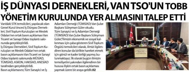 İŞDÜNYASI DERNEKLERİ VAN TSO UNTOBB YÖNETİMKURULUNDA YERALMASINI TALEP ETTİ