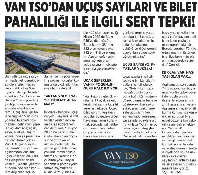 VAN TSO DAN UÇUŞ SAYILARI VE BİLET PAHALILIĞI İLE İLGİLİ SERT TEPKİ