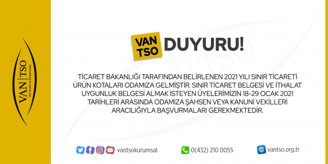 2021 YILI SINIR TİCARETİ ÜRÜN KOTALARI