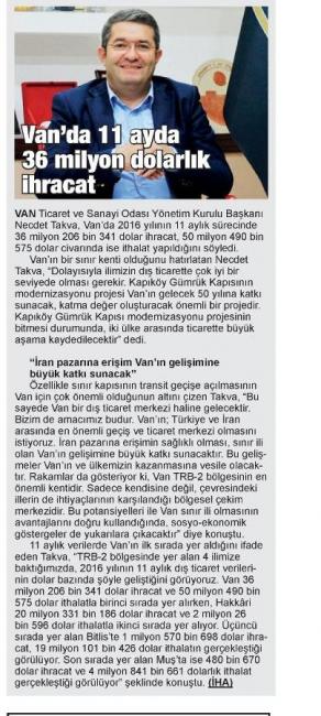 Van'da 11 ayda 36 milyon dolarlık ihracat